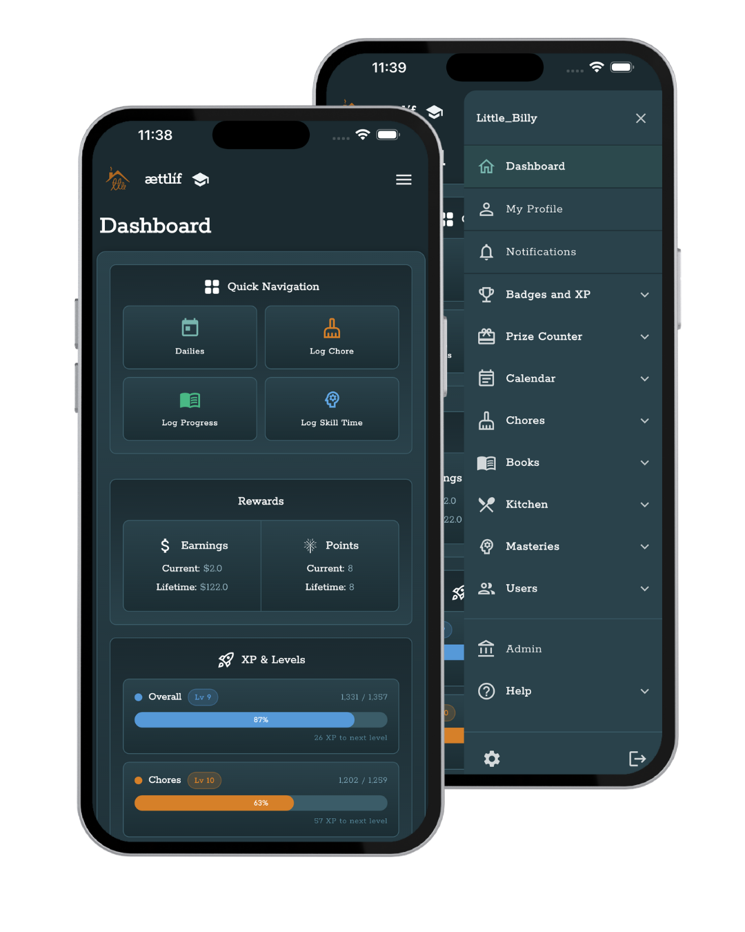 The ættlíf app on iPhone showing a gamified household dashboard with XP, levels, and rewards, next to the navigation menu